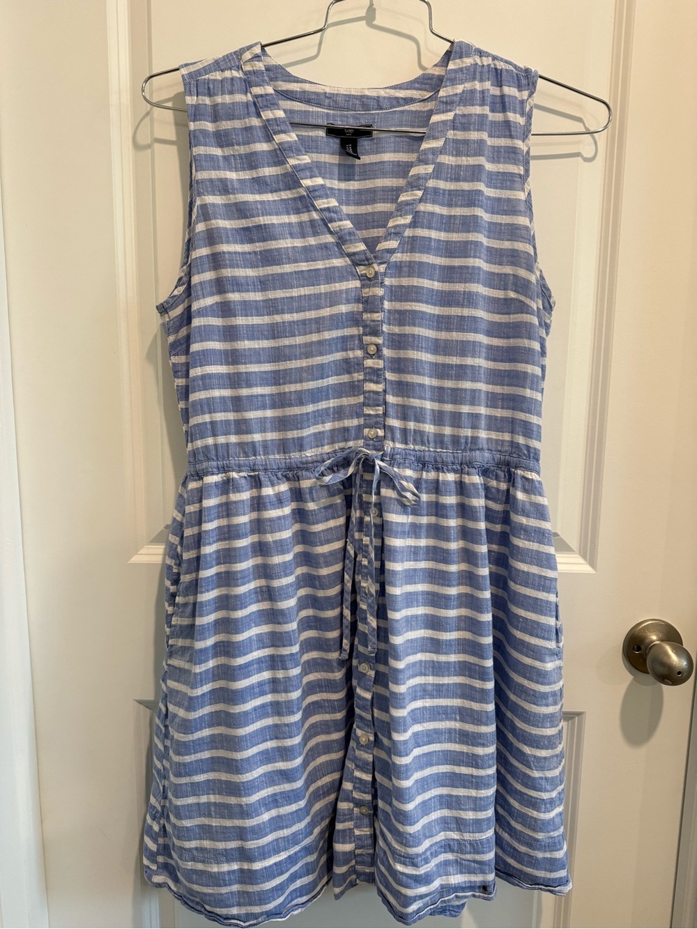 GAP Blue and White Striped Sleeveless Drawstring Mini Dress